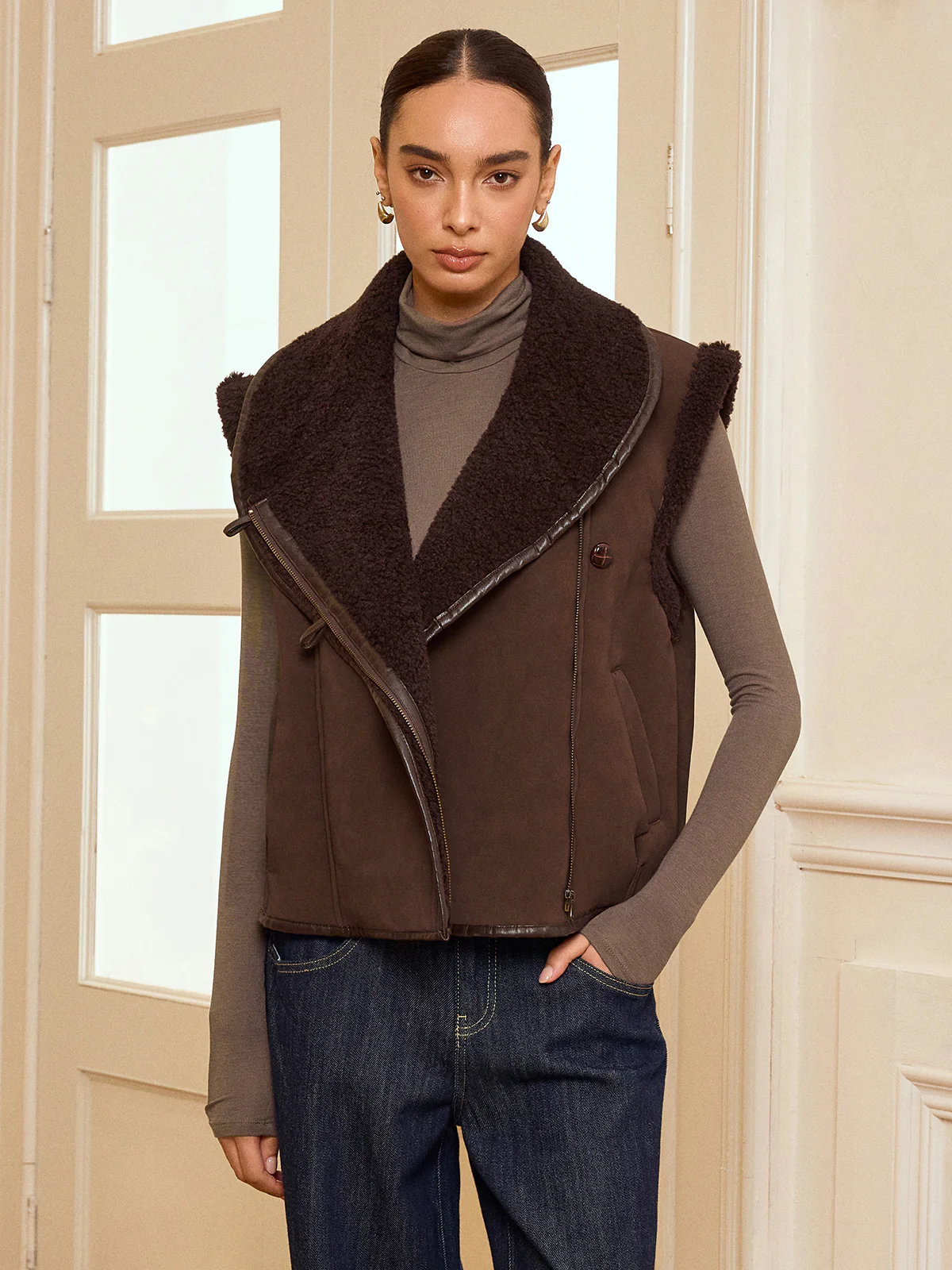 Collared Zip-Up Shearling Vest