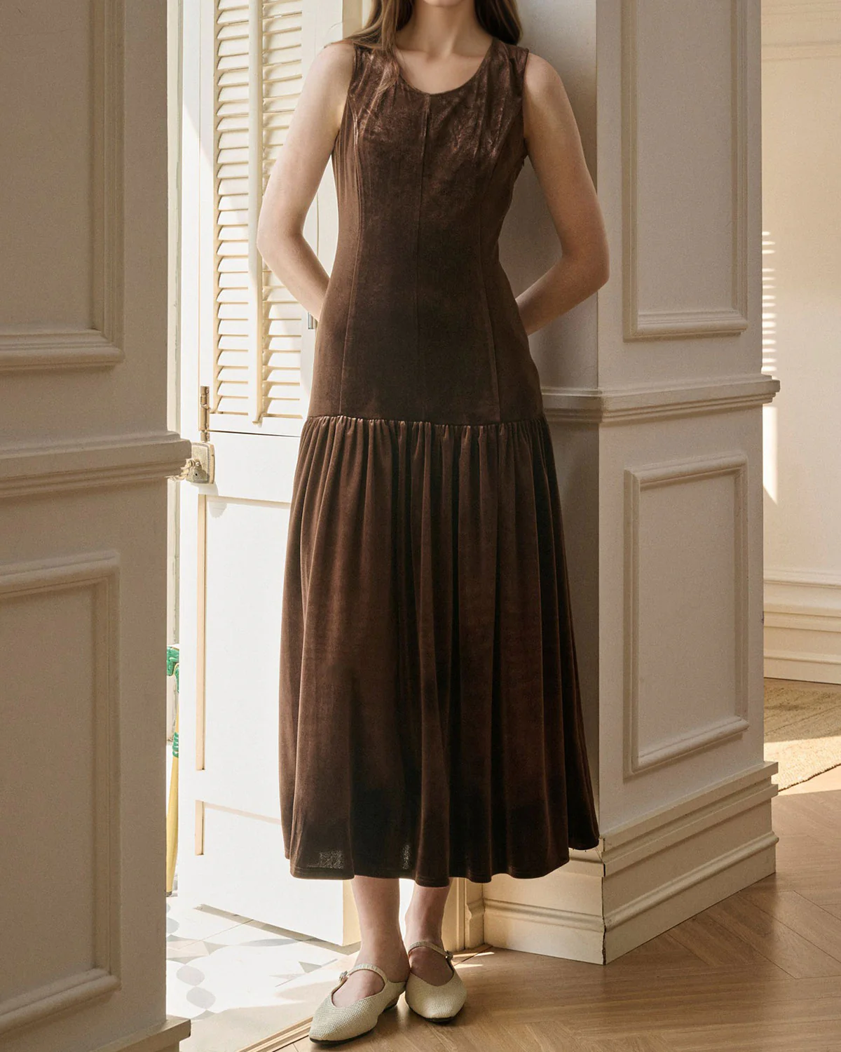 Coffee Velour A-Line Sleeveless Maxi Dress