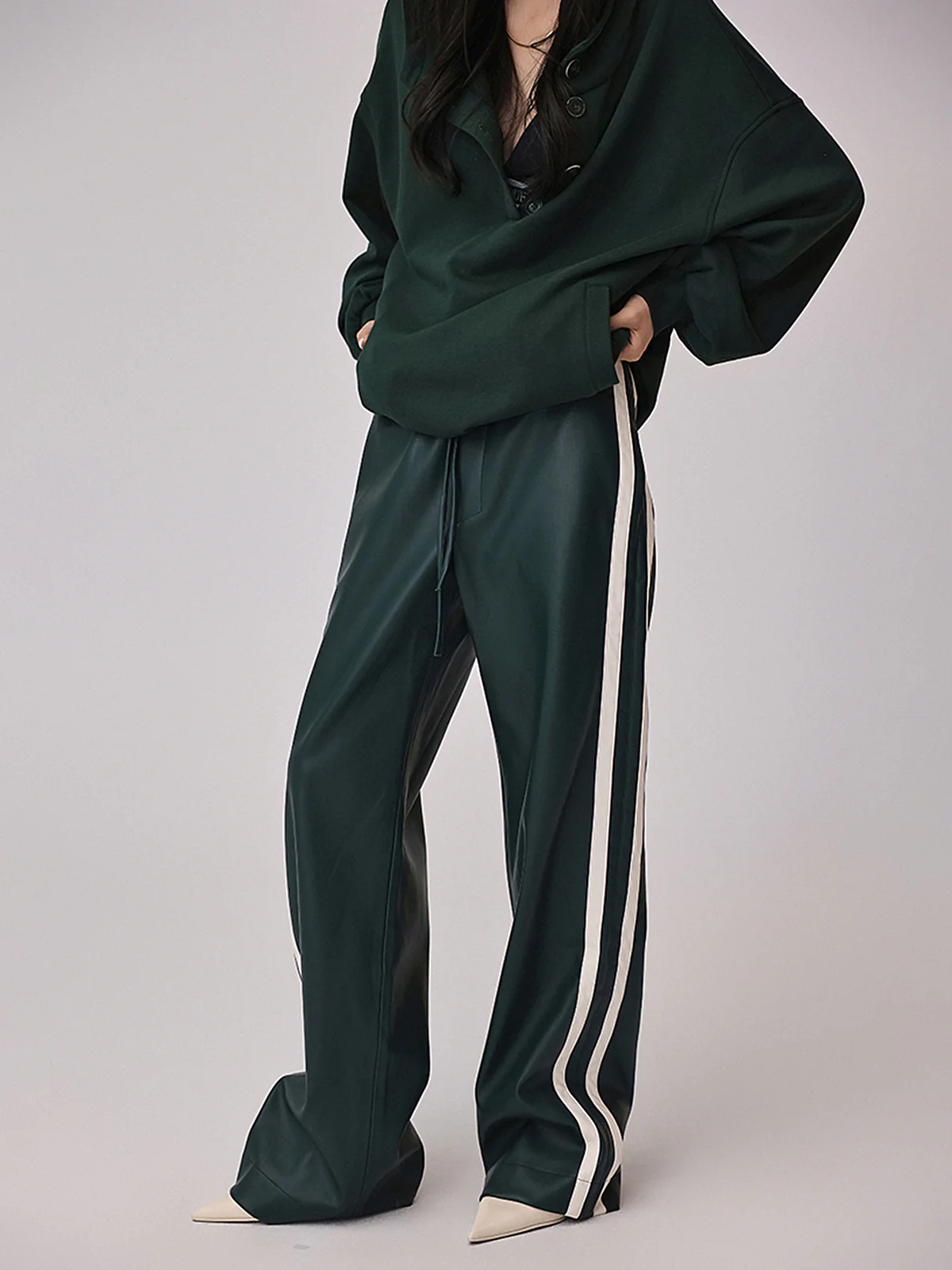 Striped High-Waisted PU Leather Drawstring Pants
