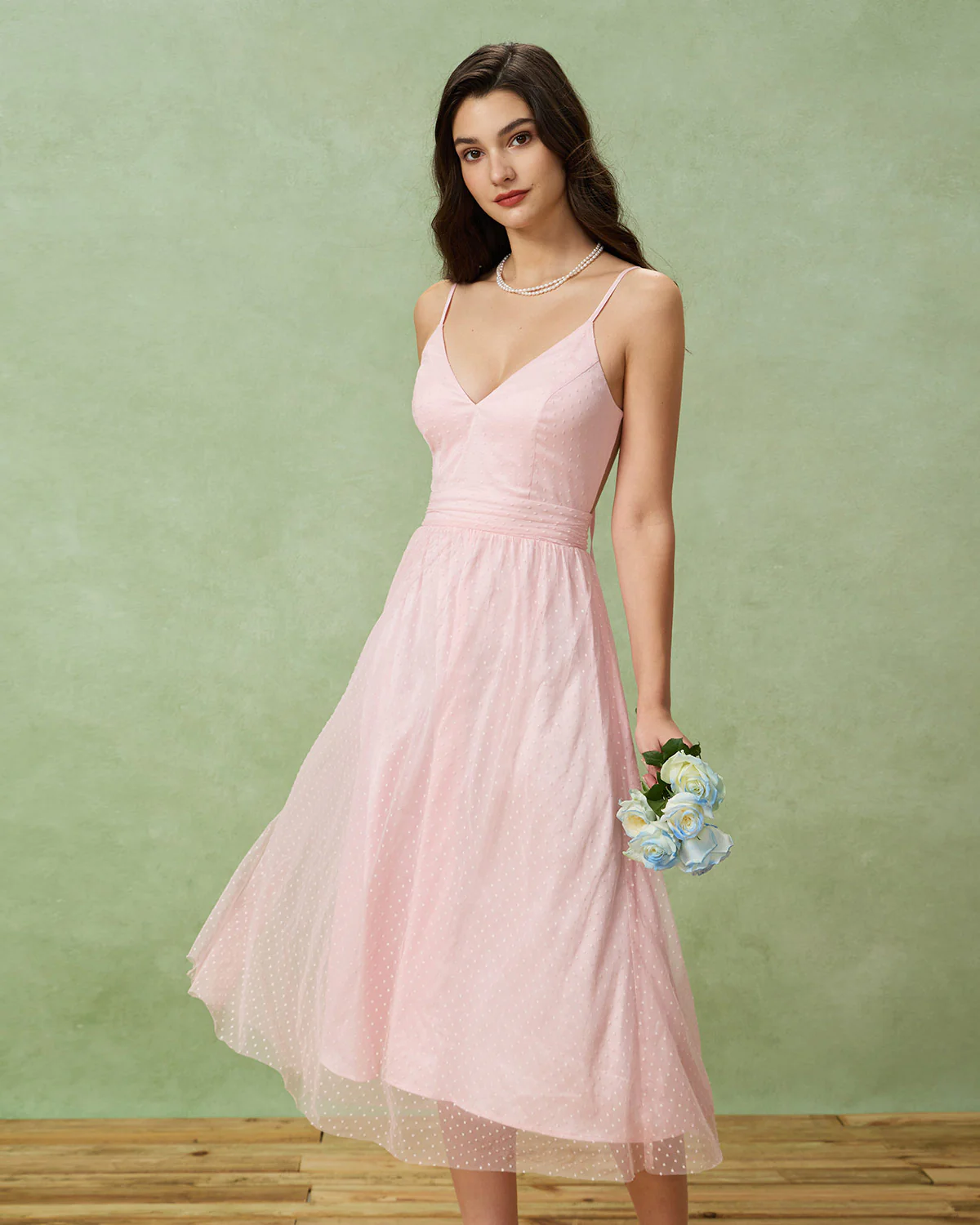 Pink V Neck Backless Slip Midi Dress