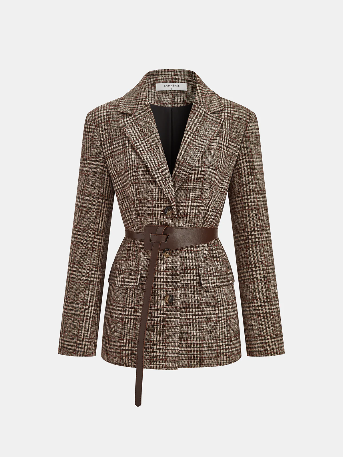 Belted Plaid Tweed Blazer