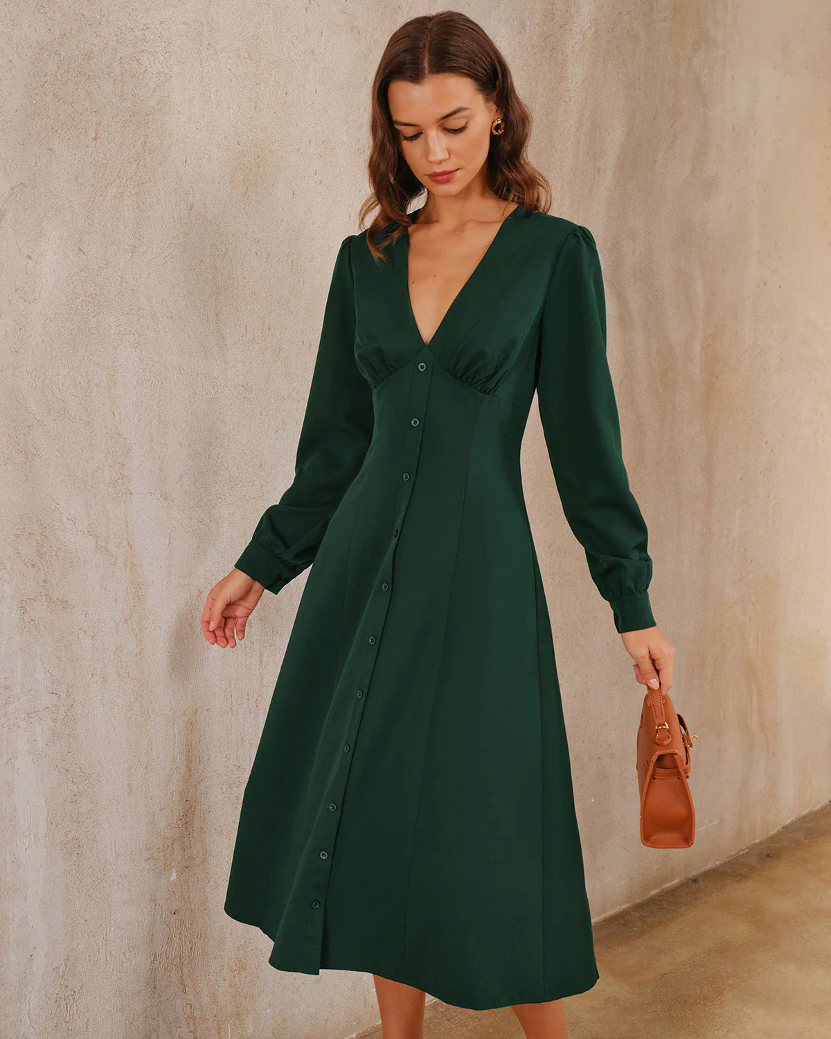 Green Ruched Button Midi Dress