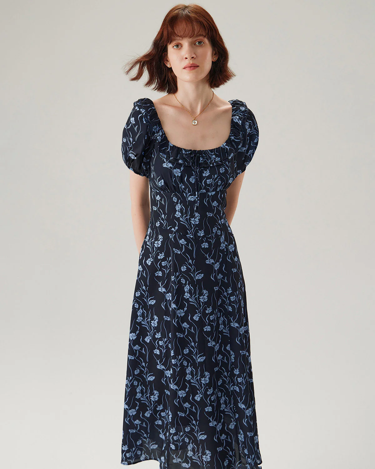 Navy Floral U-Neck Puffed-Sleeve Maxi Dress