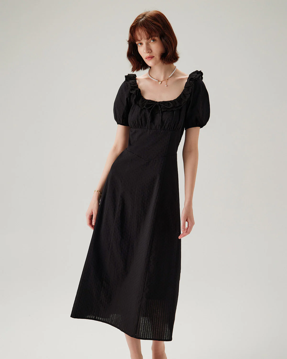 Black Embroidery Puffed Sleeve Maxi Dress