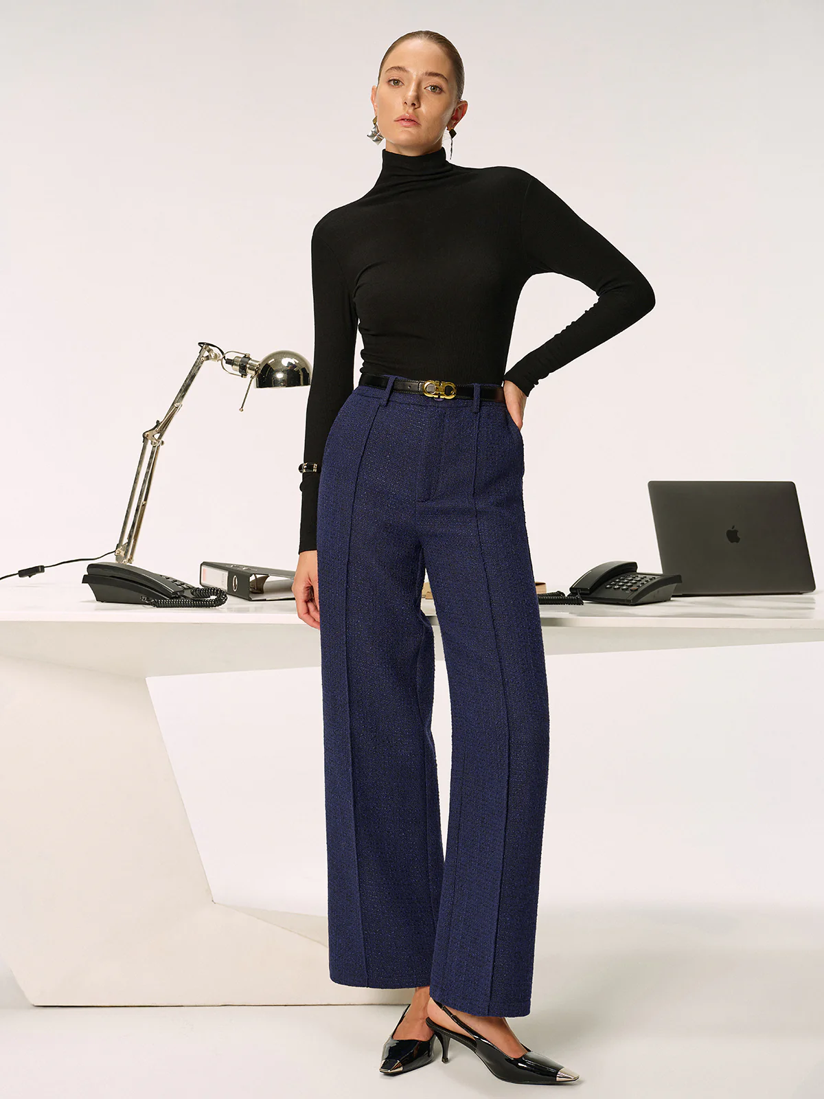 Mid-Waist Tweed Straight-Leg Pants without Belt