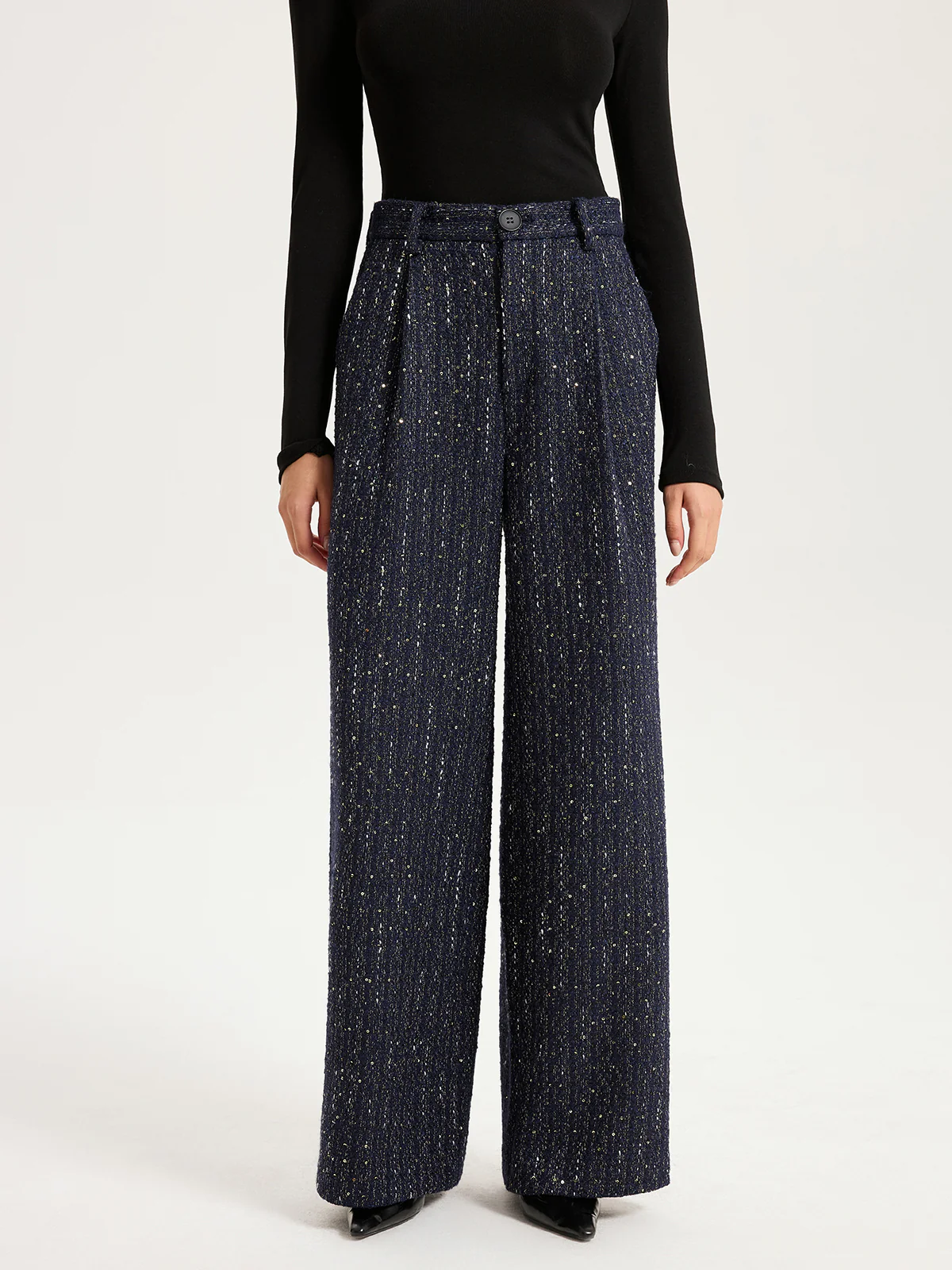 Mid-Waist Tweed Sequin Wide-Leg Pants