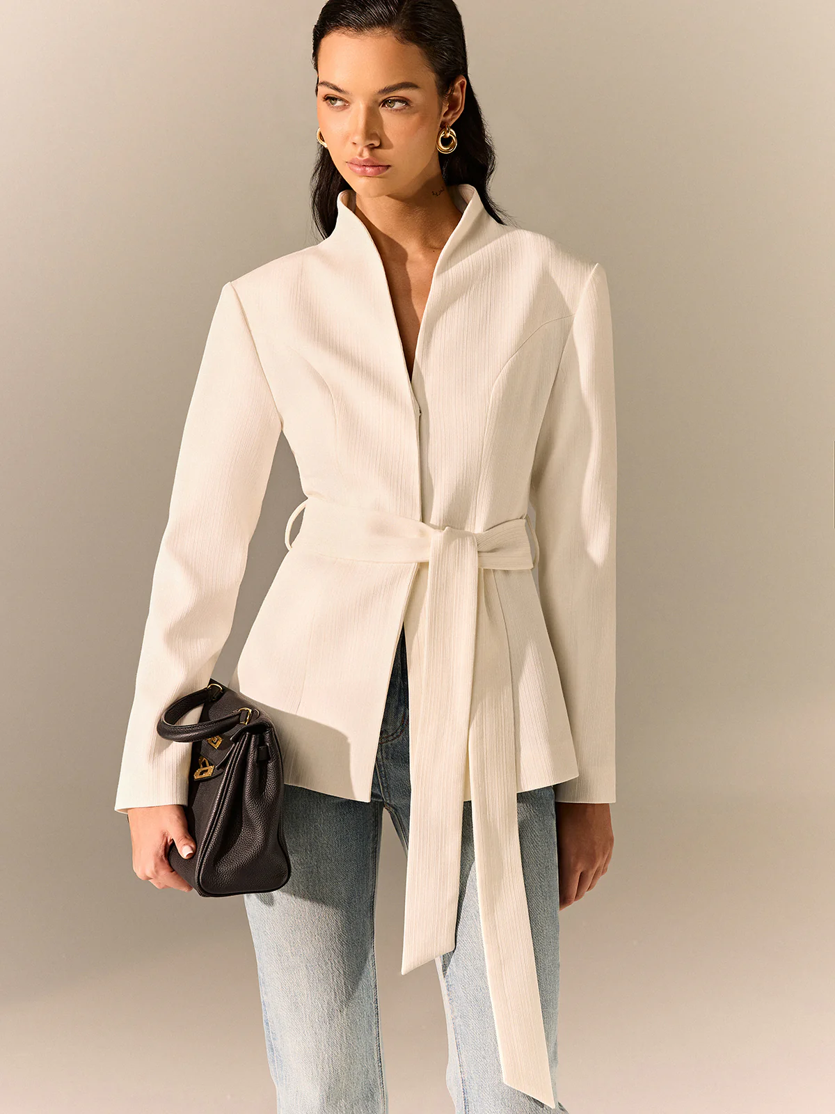 Stand Collar Belted Long Sleeve Blazer