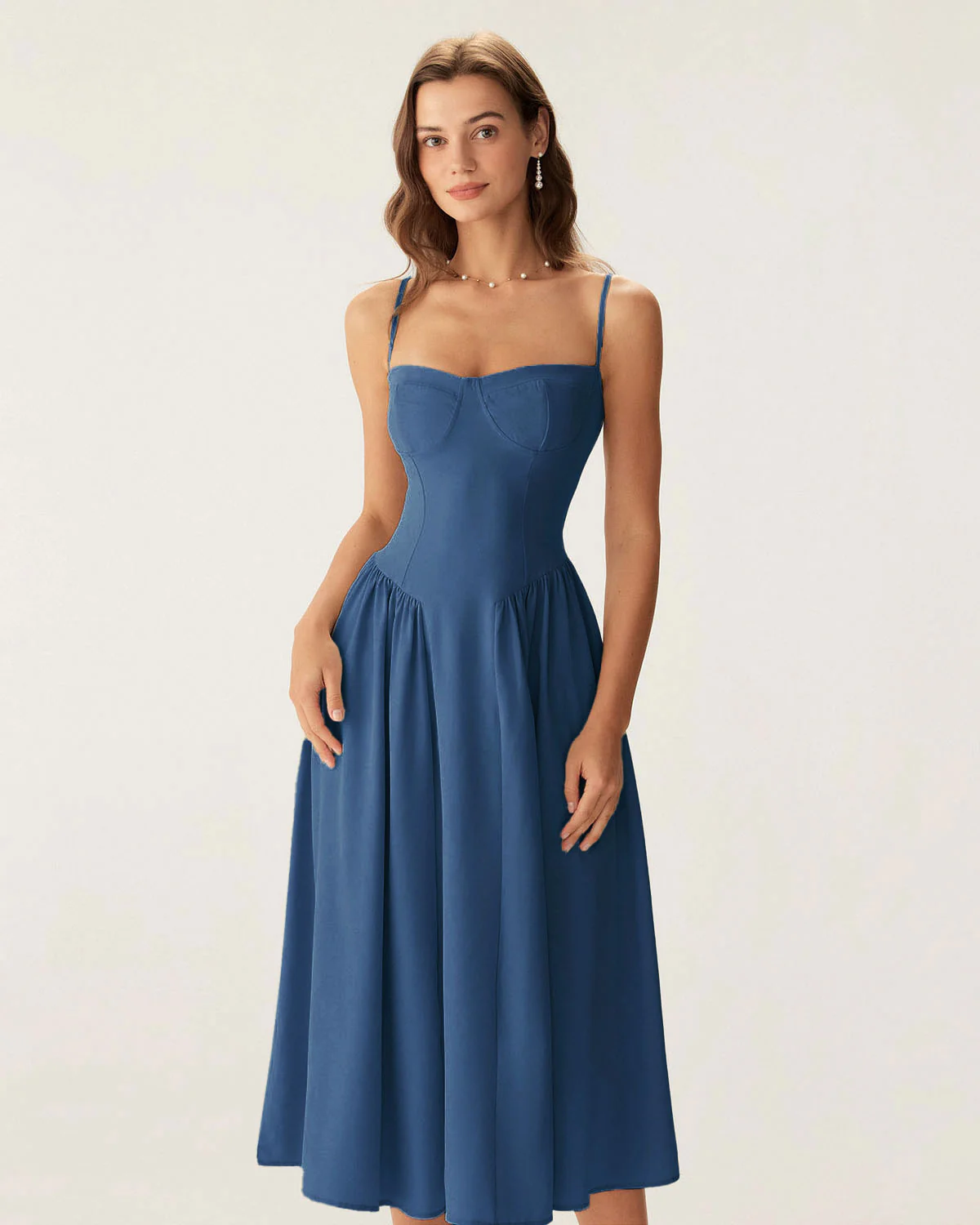 Navy Square Neck Pocket Slip Midi Dress