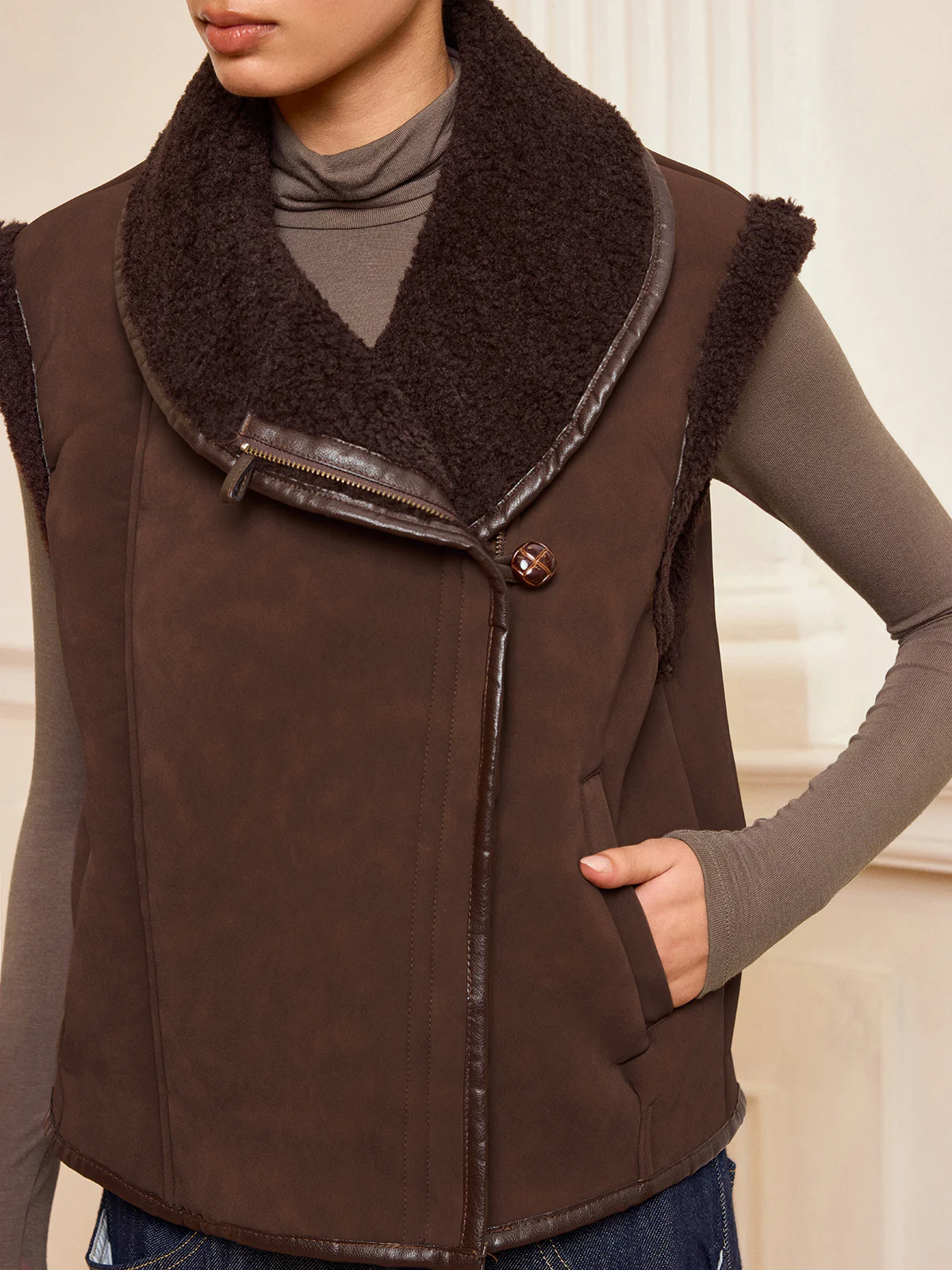 Collared Zip-Up Shearling Vest