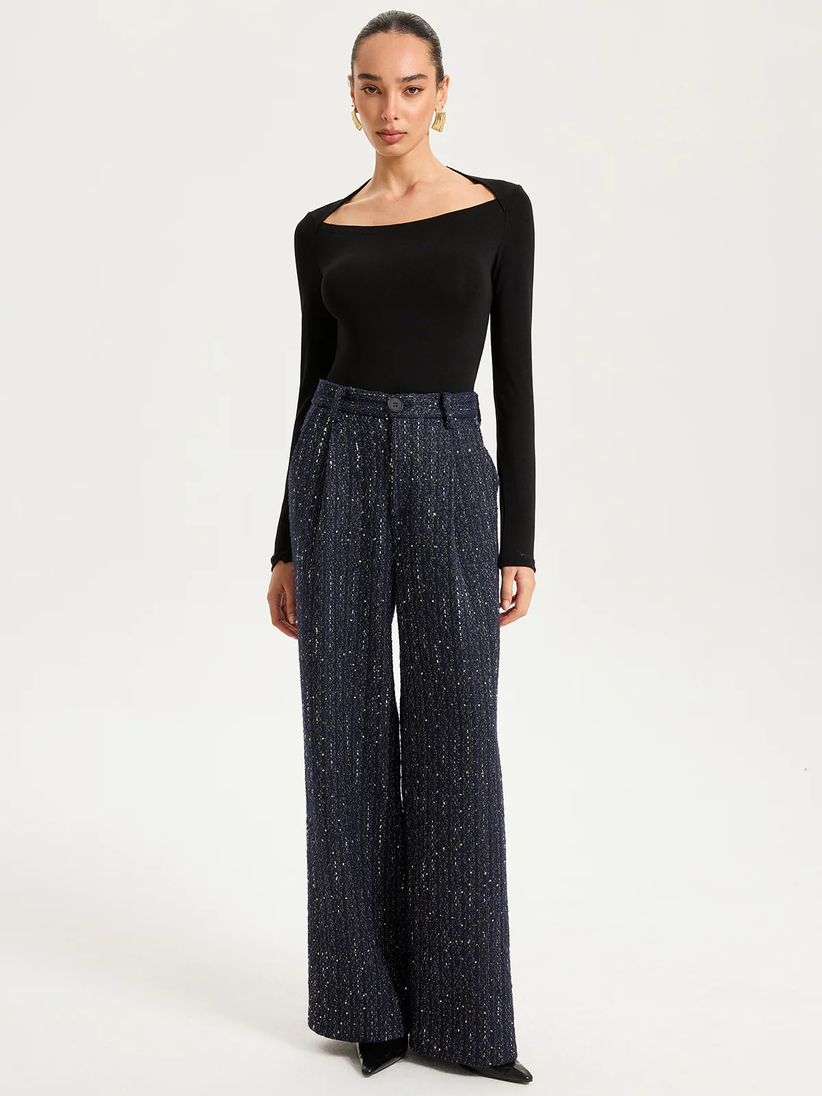 Mid-Waist Tweed Sequin Wide-Leg Pants