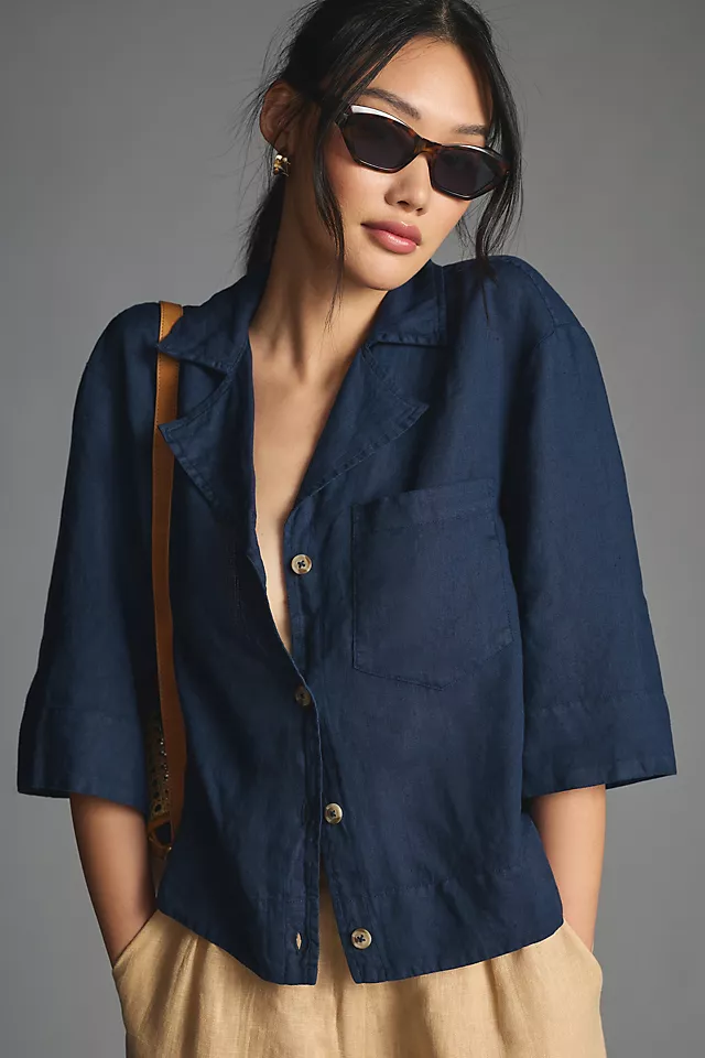 Maeve Linen Buttondown Surf Shirt NAVY