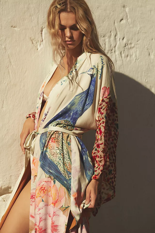 Bird Long Printed Kimono IVORY MULTI